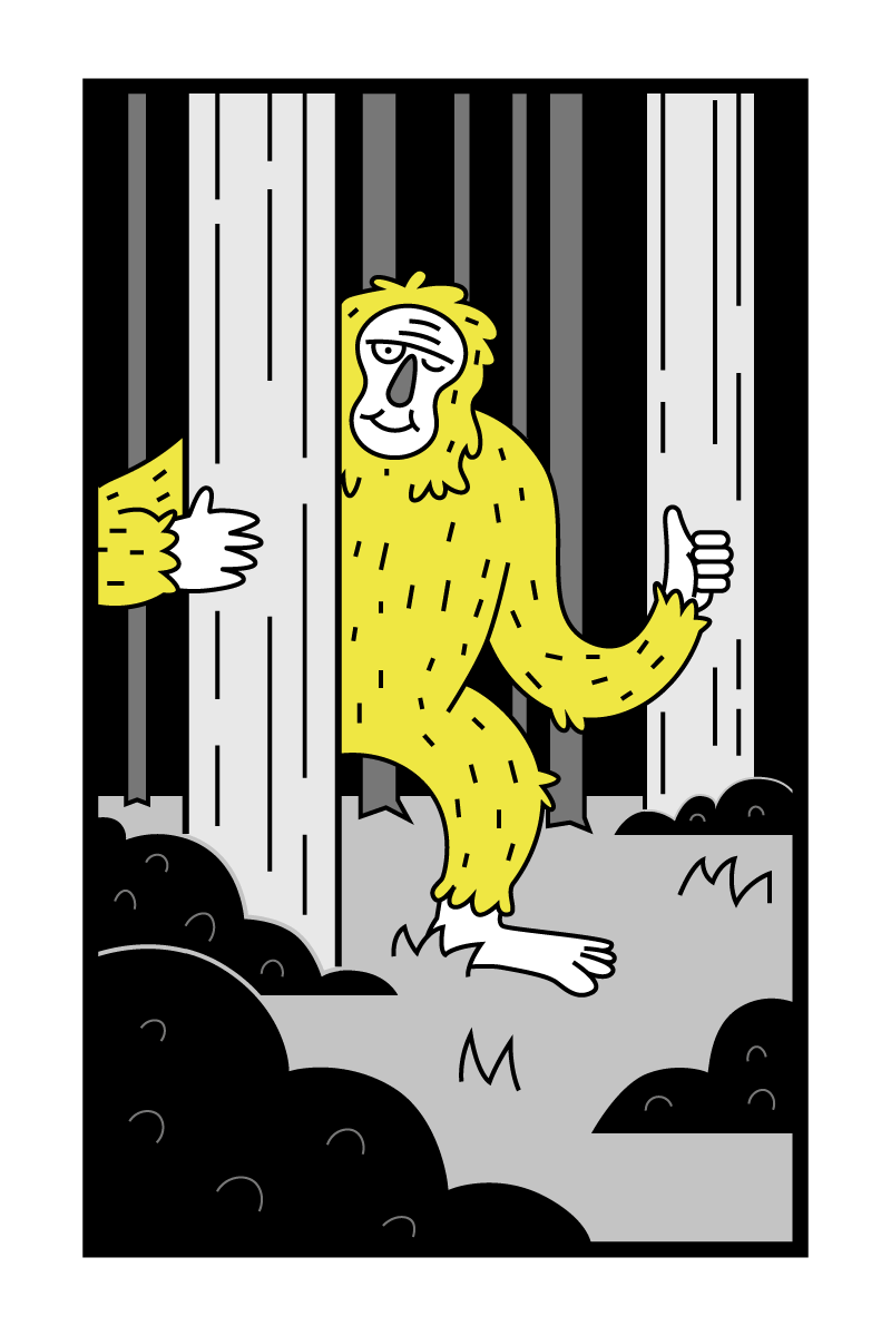 a winking Bigfoot gives a thumbs up from behind a tree