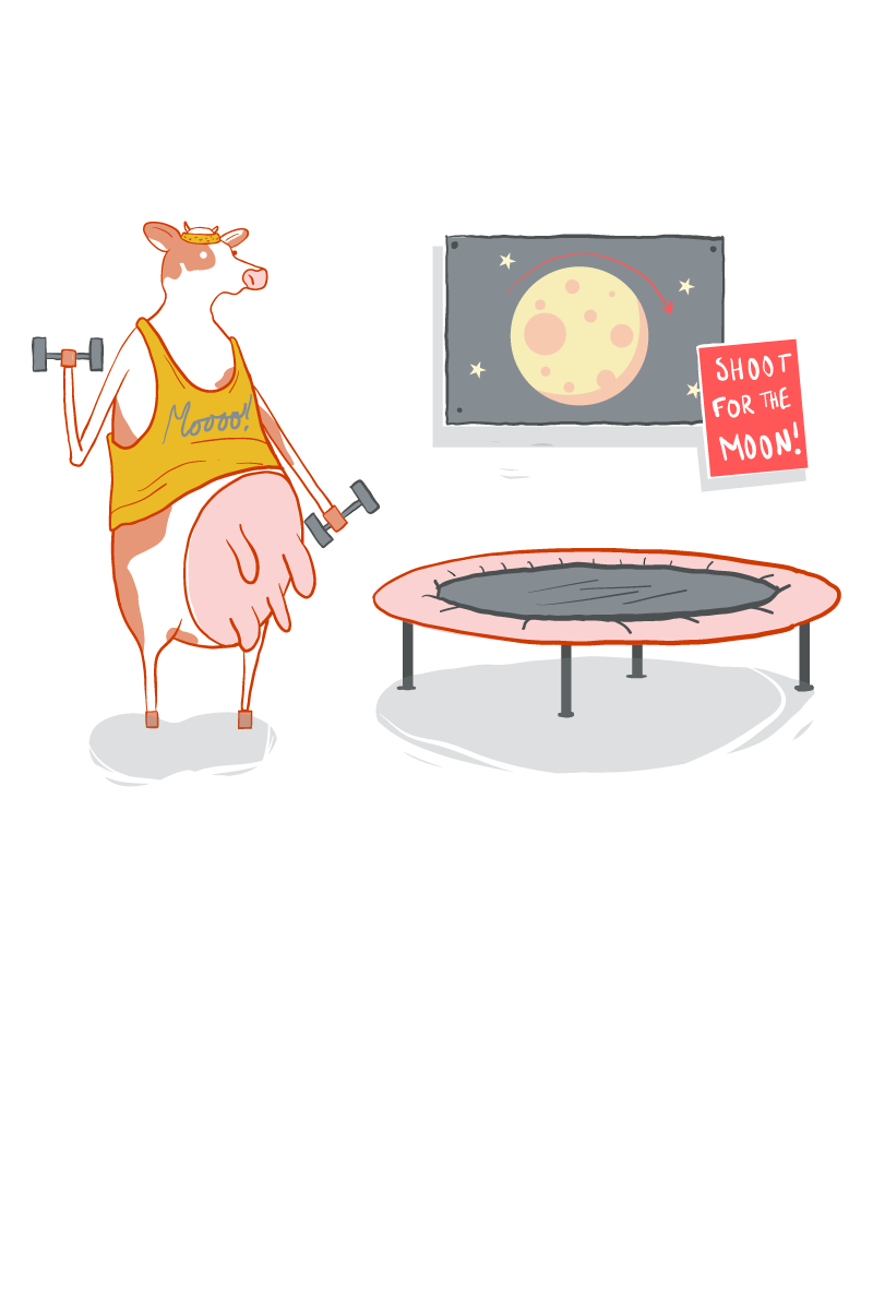 a cow is weight training with a poster that says “Shoot for the moon”