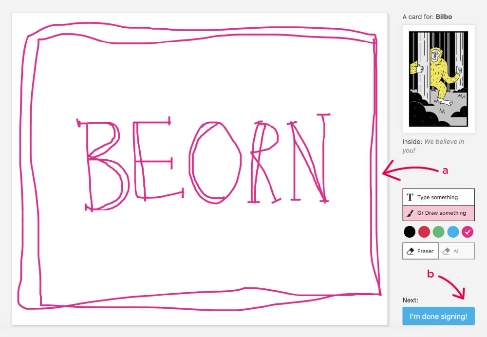 a canvas and drawing tools and “BEORN” drawn on the canvas in pink