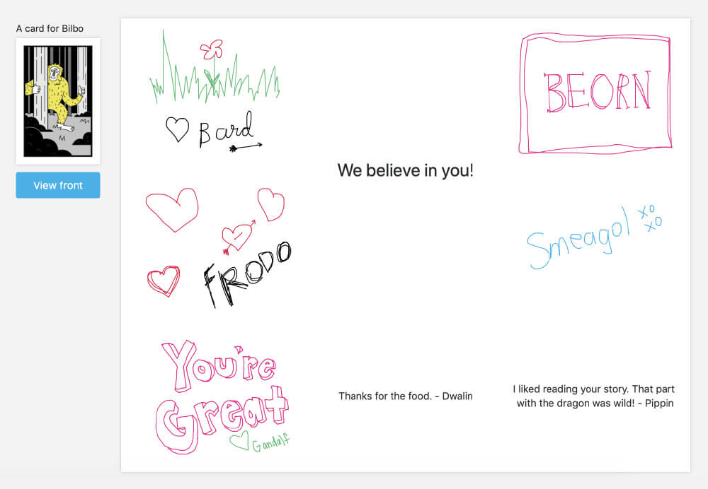 the inside of the card says “We believe in you!” with signatures and messages from others like Smeagol and Frodo